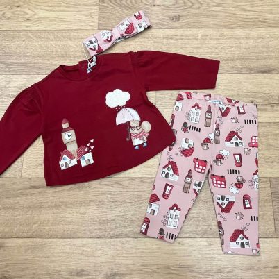 Ensemble 3 pièces haut rouge souris pluie legging rose Londre et bandeau grandeurs 6 mois à 3 ans - Mayoral